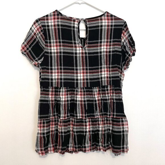 TORRID 00 Plus Size Black Red Plaid Shirred Hem Top Short Sleeve Babydoll 10 M L - Picture 12 of 14